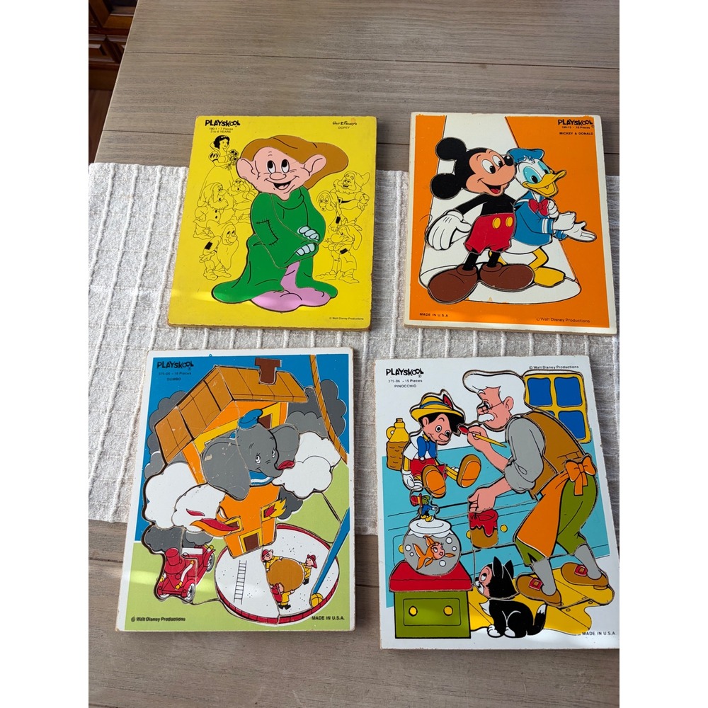 Vintage Playskool Disney Wooden Puzzles Set of 4 Mickey Dumbo Pinocchio Dopey